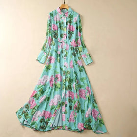 American Casual Autumn New Single Breasted Turn-down Collar Print Empire Waist Lantern Sleeve Floor-Length Sashes Dress
