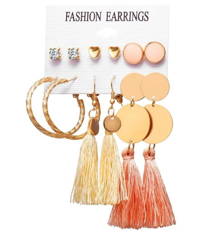 MIO Wholesale Tassel Loop Chip Stone Studs 6 Sets on Card Plated Gold Earring Women Fashion Earrings Set