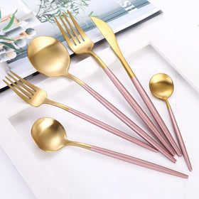 Matte Stainless Steel Cutlery for Events Brass Gold Coating Blue Handle Restaurants Flatware