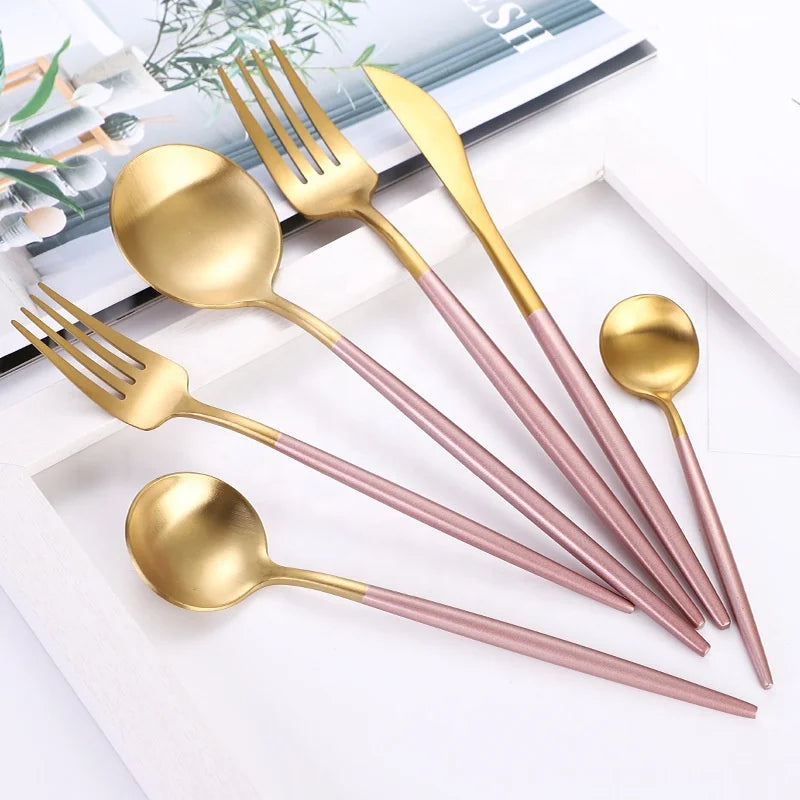 Matte Stainless Steel Cutlery for Events Brass Gold Coating Blue Handle Restaurants Flatware