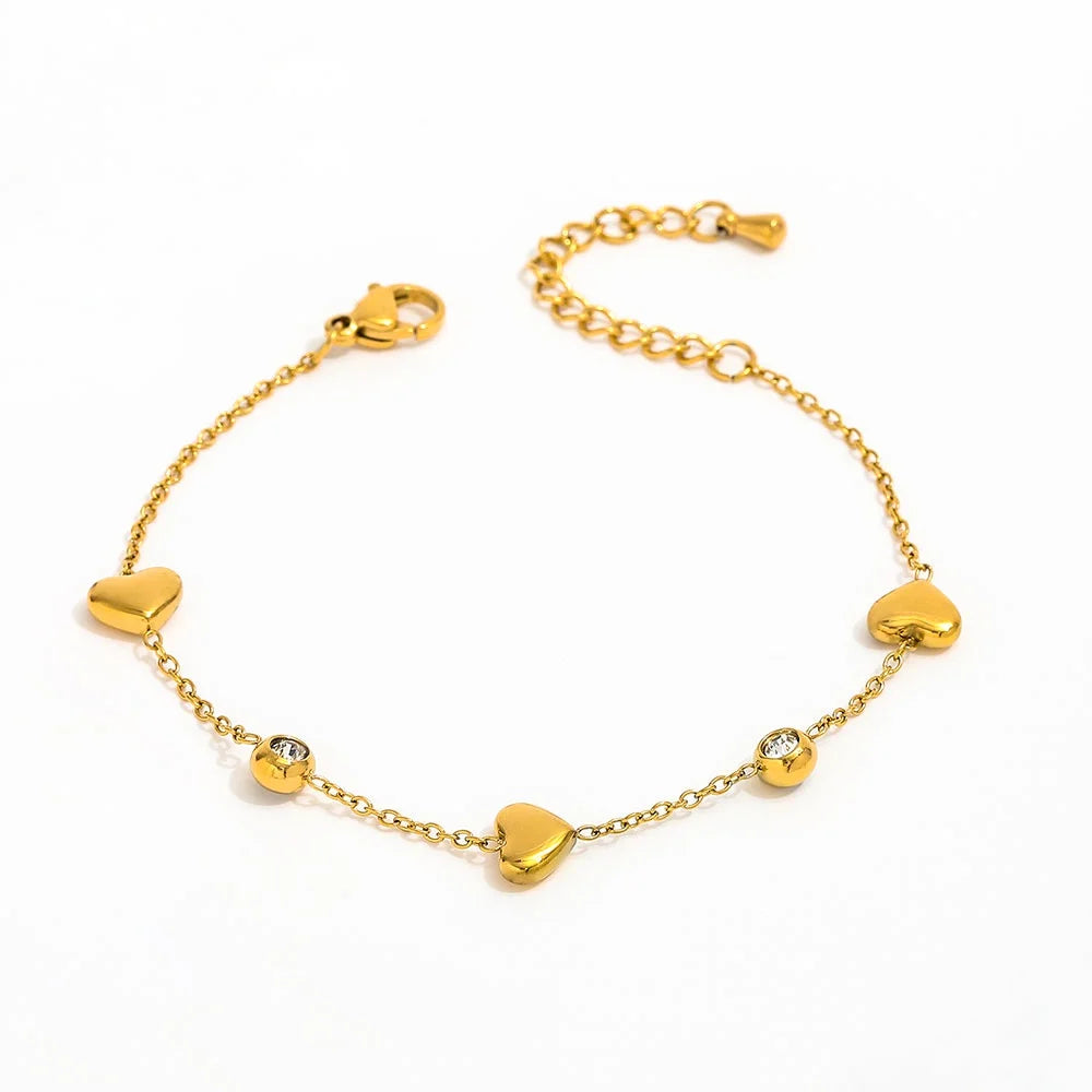 High End Gold Plated Stainless Steel Dainty Heart Zirconia Bracelet for Women Wholesale Jewelry
