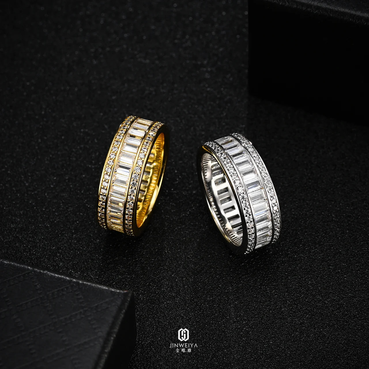 Men's & Ladies' 925 Sterling Silver Baguette Moissanite Eternity Band Yellow Gold Finish Gemstone Rings