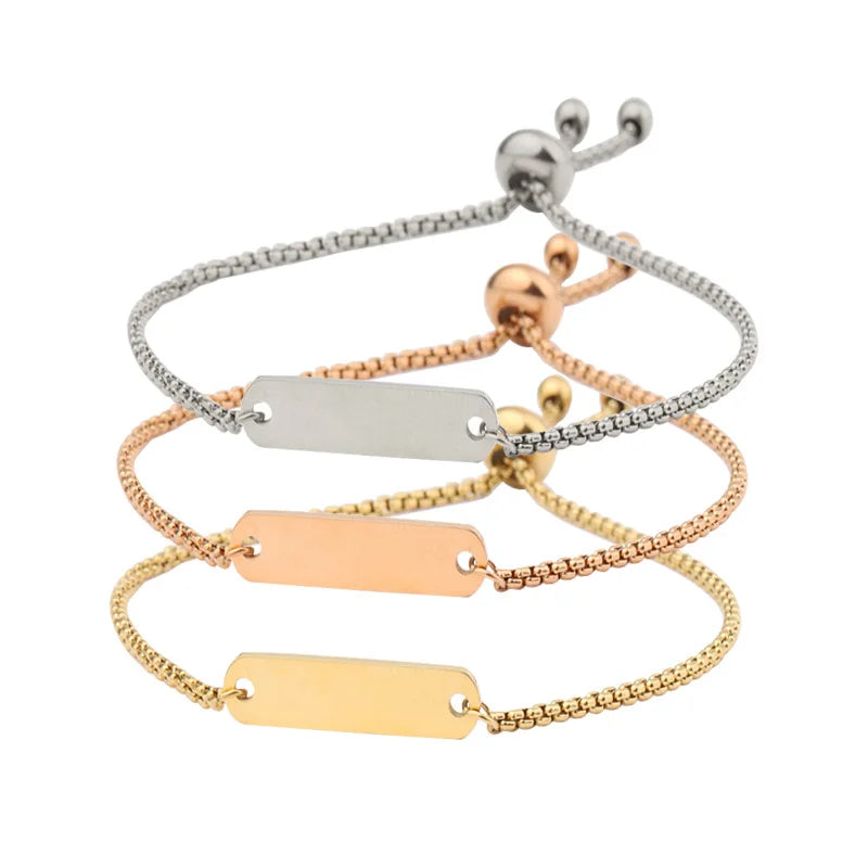 Hot Selling New Fashion Name Laser Letter Adjustable Long Strip Stainless Steel Bracelet