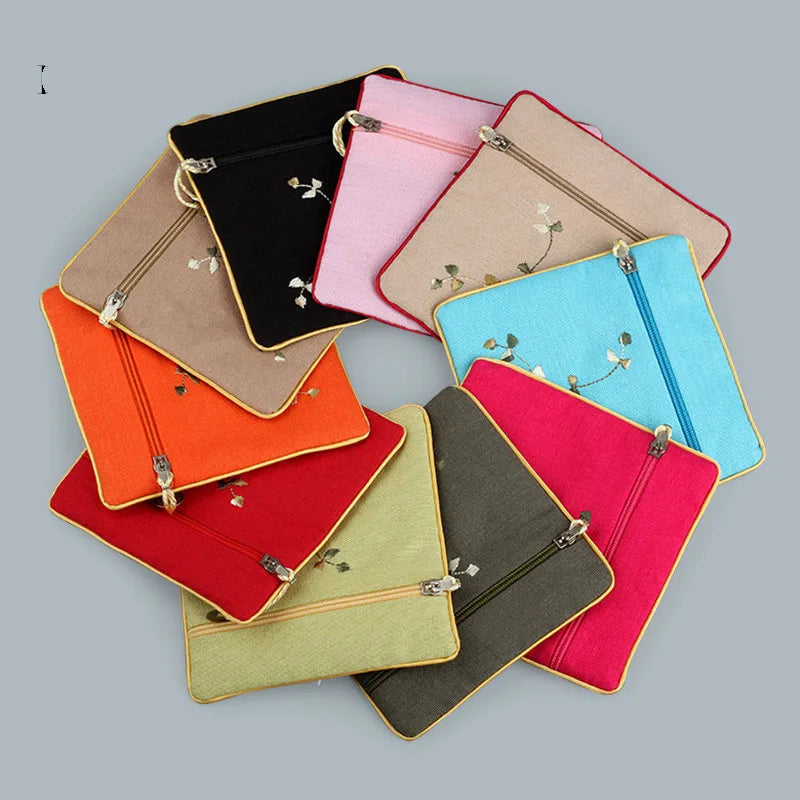 11.5x11.5cm Eco-Friendly Cotton Linen Square Jewelry Pouch with Tassel Decor Flower Embroidered Zipper Jewelry Gifts Bags