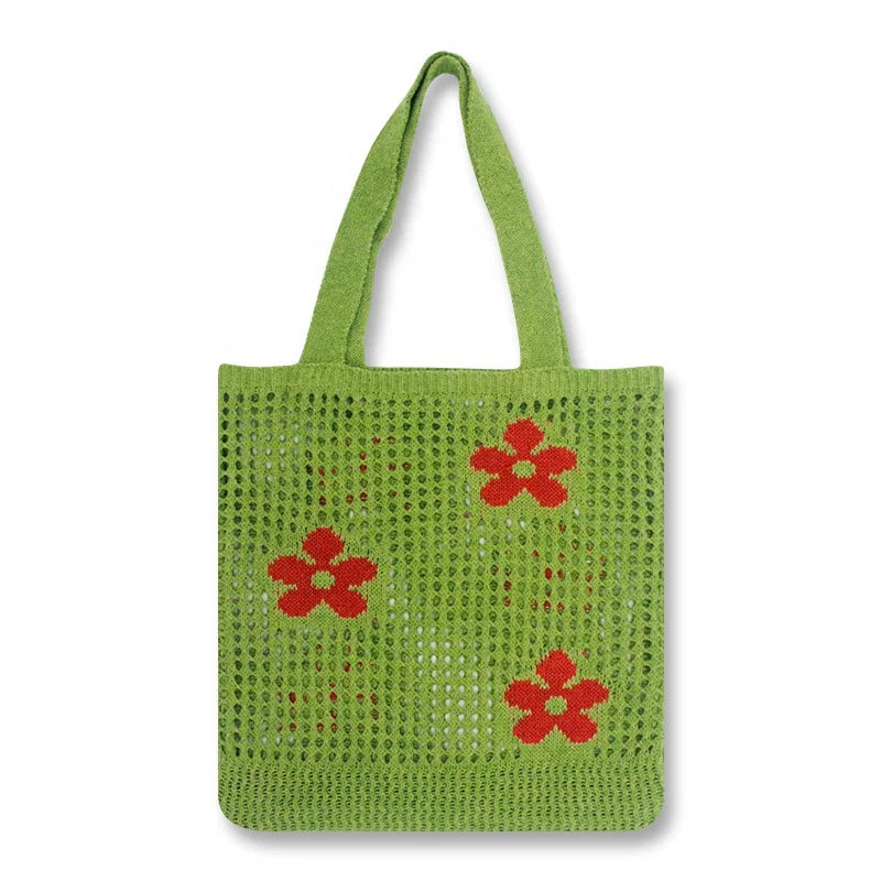 Wholesale Hot Sale Summer Knitted Fabric Tote Beach Bag for Women Flower Mesh Shoulder Shopping Handbags