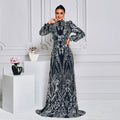 Popular Women Dress High Neck Long Sleeves Prom Dress Sequin Design Abayas Trailing Evening Dress for Women