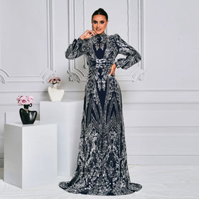 Popular Women Dress High Neck Long Sleeves Prom Dress Sequin Design Abayas Trailing Evening Dress for Women