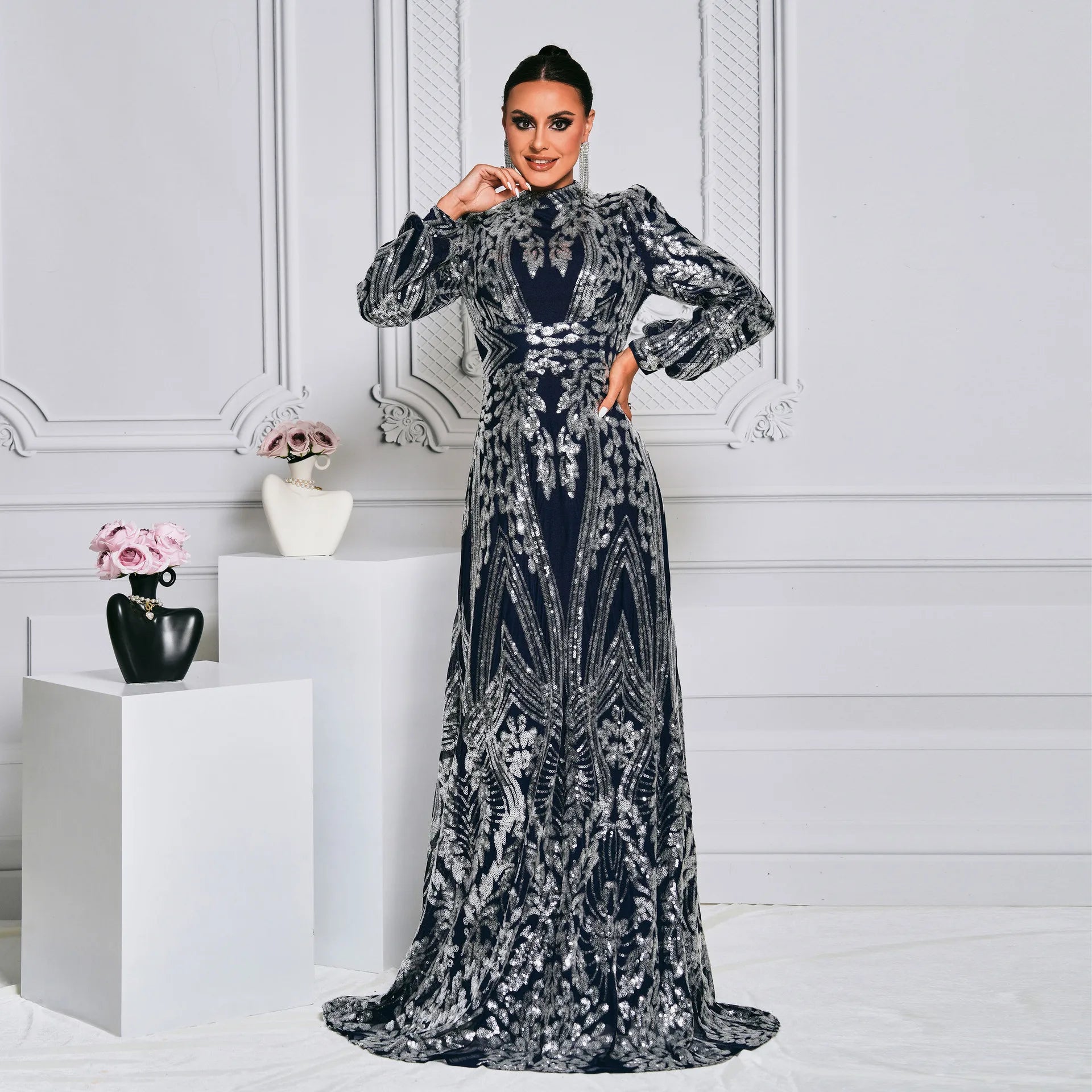 Popular Women Dress High Neck Long Sleeves Prom Dress Sequin Design Abayas Trailing Evening Dress for Women