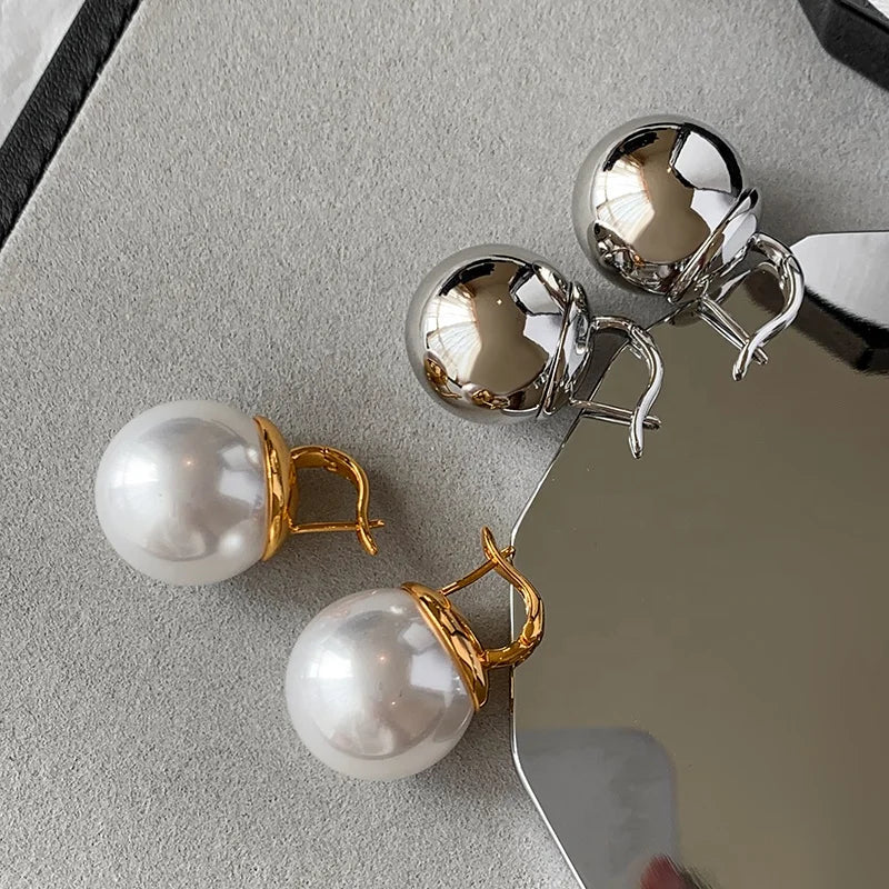 Brass Plated Vintage Exaggerated Personality Unique Large Pearl Earrings Mother'S Day Gift Jewelry Custom Design