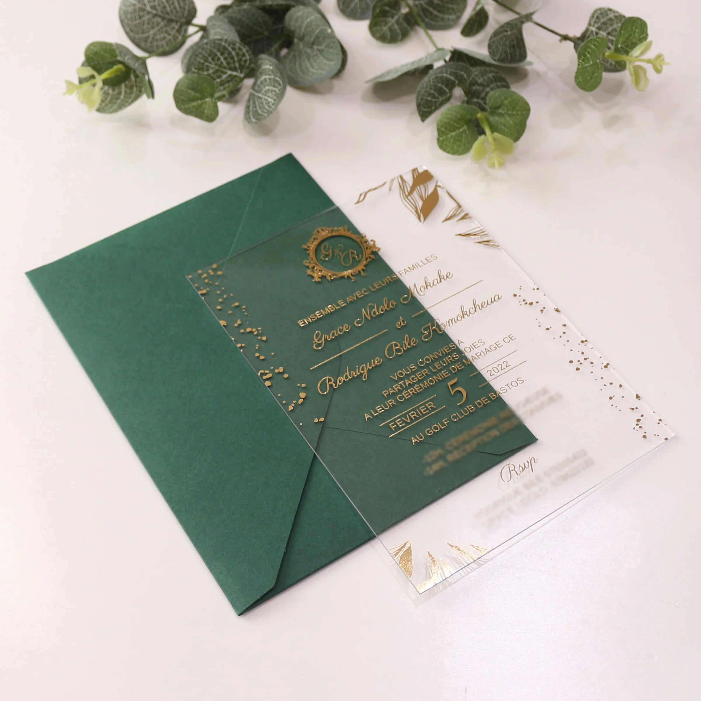 Newest Elegant Transparent Acrylic Gold Foil Wedding Invitation Card with Velvet Envelope Customized Invitation  Card