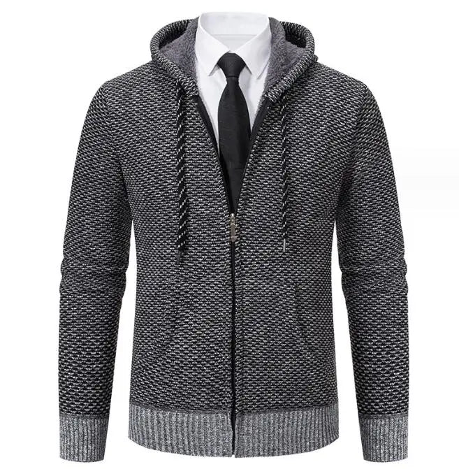 Men's Cardigan Sweater Knitting Winter Full Zipper Long Sleeve Thick Fleece Warm Fur Collar Cardigan Coat