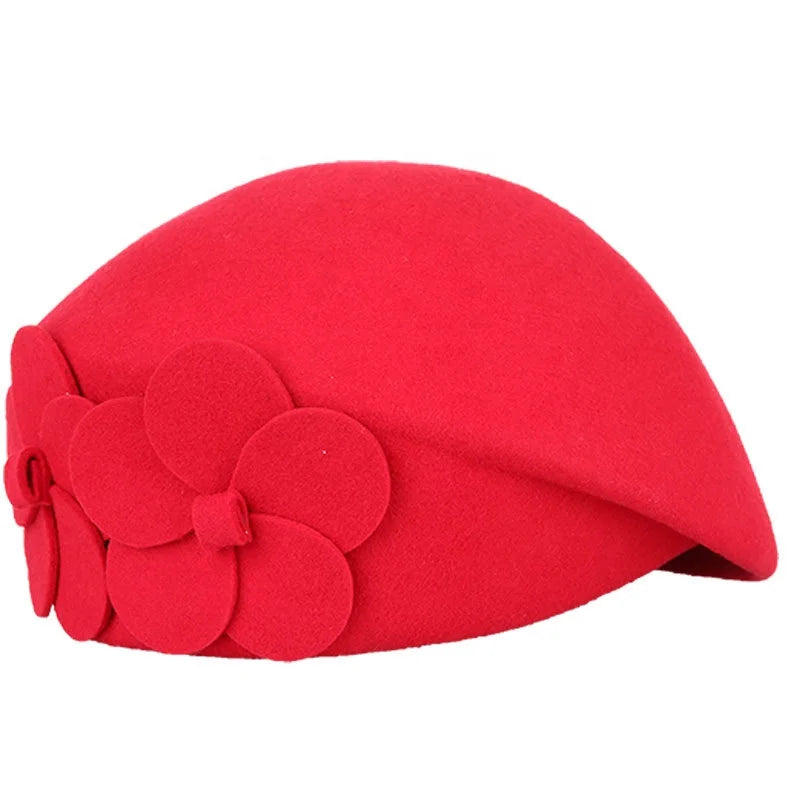 HZM-18186 Hot Sales Autumn and Winter Elegant French Flower Wool Beret Hats for Ladies