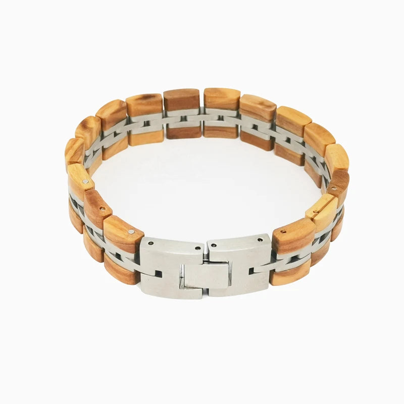 Jewelry Gift Men Cuff Wristband Adjustable Charms Customized Brand Name Wooden Bangle Stainless Steel Olive Wood Bracelet