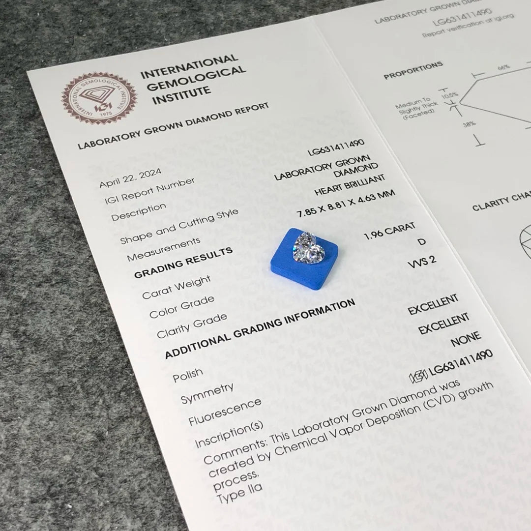 IGI Certified 1.96ct  D VVS2 Wholesale Lab Created Diamond CVD Heart Cut Lab Grown Diamond
