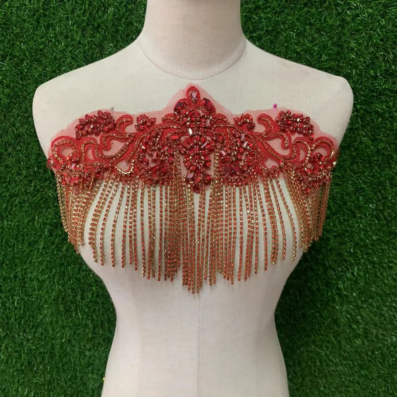Red Rhinestone Lace Applique Shoulder Collar Body Back Crystal Tassels Beaded Appliques for Bridal Dress Accessories Sewing