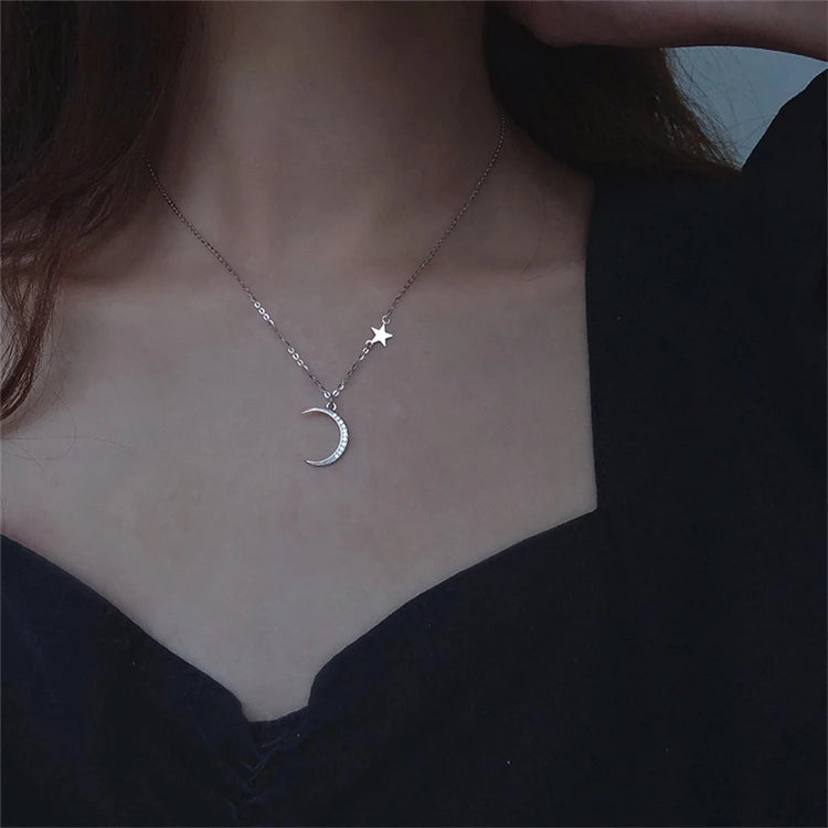 Custom Design Moon Stars Necklace Silver Women Gift Zircon Stars Necklace