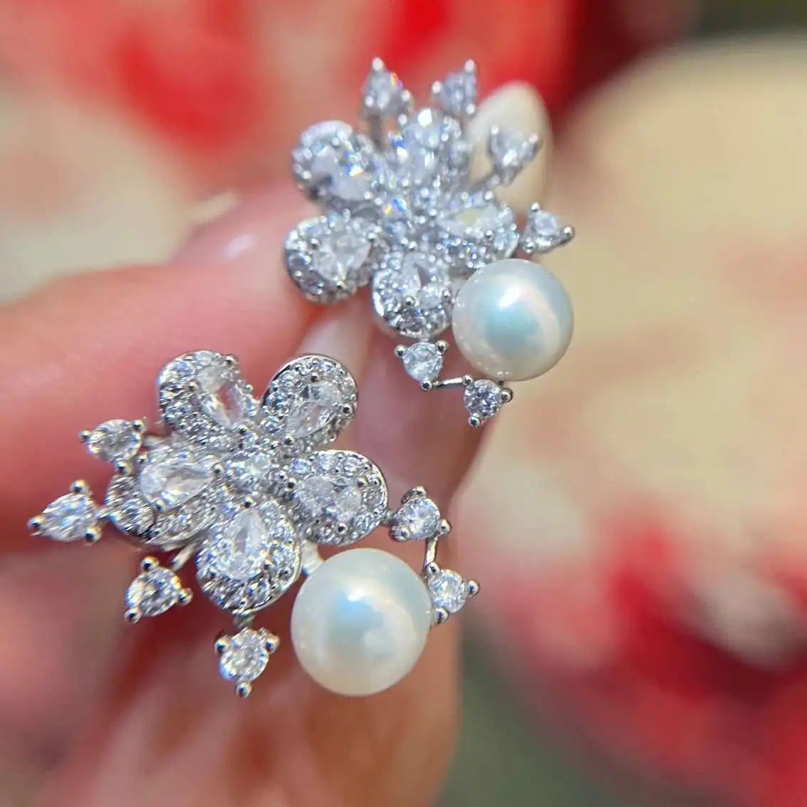 Trendy Party Style Flower Crystal Earrings with 5-6MM Natural Freshwater Pear Cut Pearl Stylish Gift Idea