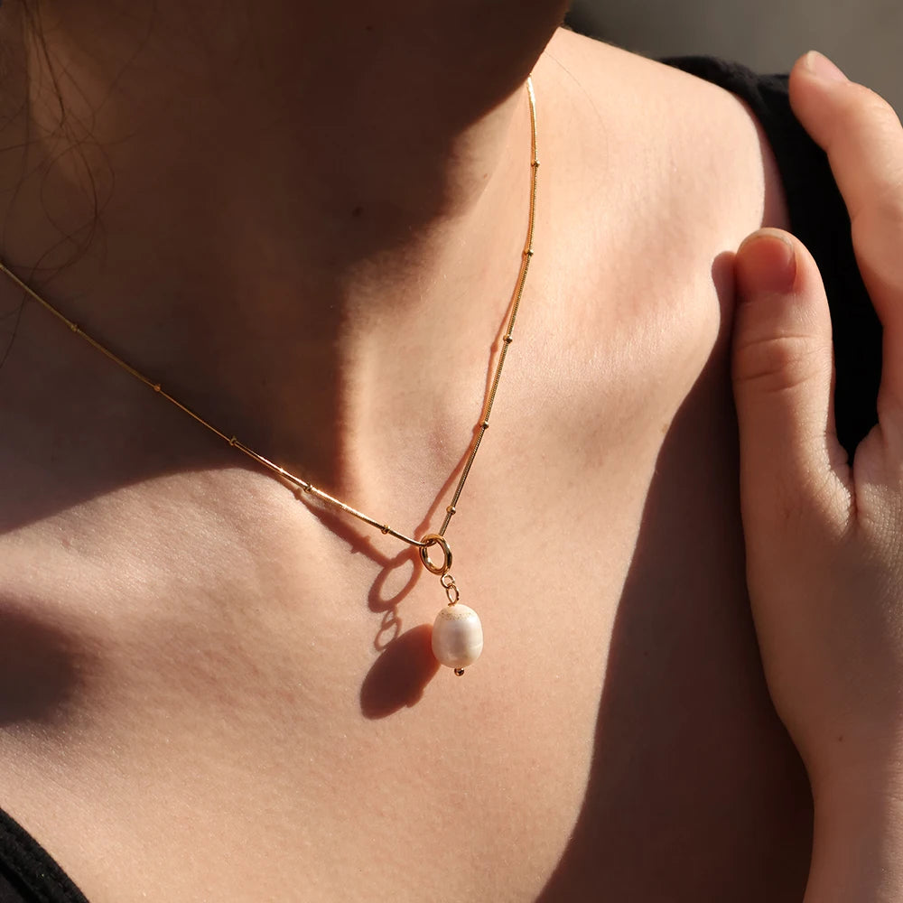 Chic Delicate Fashionable Jewelry Natural Freshwater Pearl Pendant 18K Gold Plated Stainless Steel Necklace No Fading