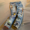 YSJY Wholesale Custom Streetwear Straight Embroidery Ripped Distressed Patchworks Baggy Denim Jeans for Men
