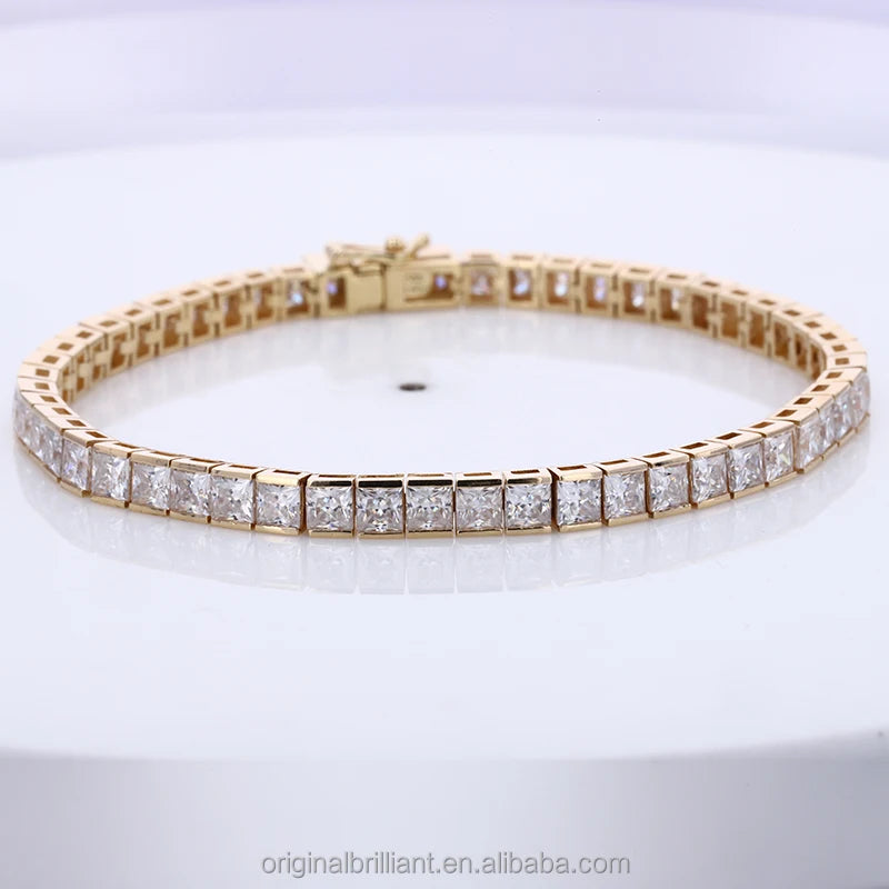 14K Yellow Gold Princess Cut 3x3mm Synthetic Moissanite Stone Chain Tennis Bracelet