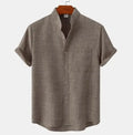 High Quality Mens Shirt Summer Regular Fit Short Sleeve Shirts Simple Linen Stand Collar Henley Plain Shirts