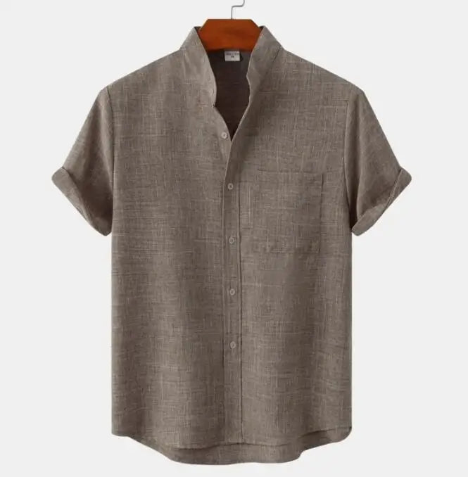 High Quality Mens Shirt Summer Regular Fit Short Sleeve Shirts Simple Linen Stand Collar Henley Plain Shirts
