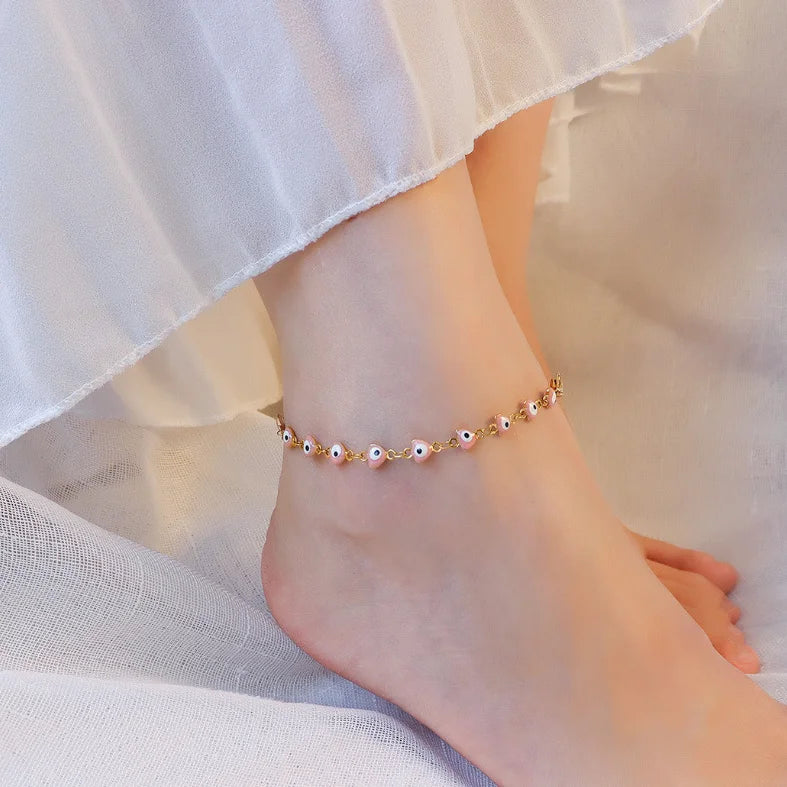 Multi-color Pink Eye Bead Anklet Tiny Eye Charm Turkish Eye Foot Bracelet for Women Summer Jewelry