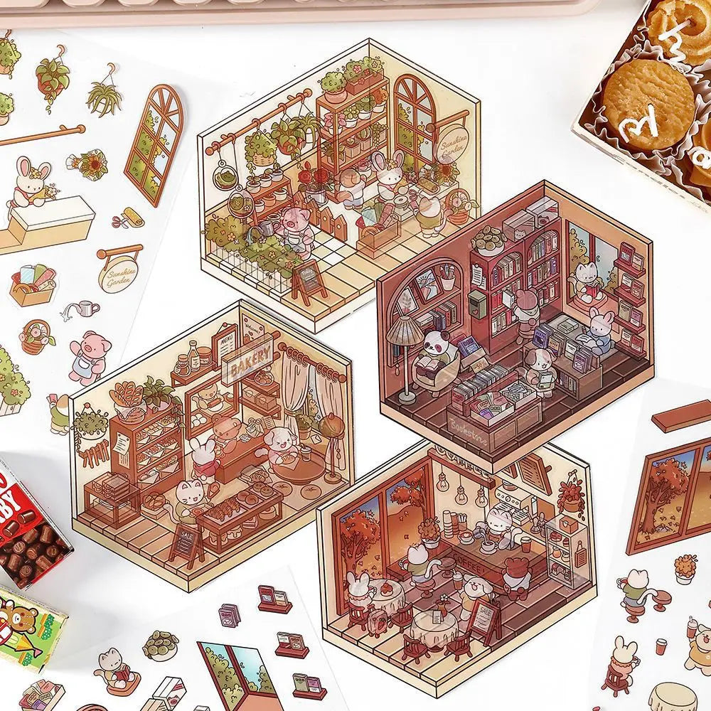 1 Piece/pack PET Stickers Open Today Cute Style Handmade DIY 3D Landscape Cabin Collage Series MegaBDM