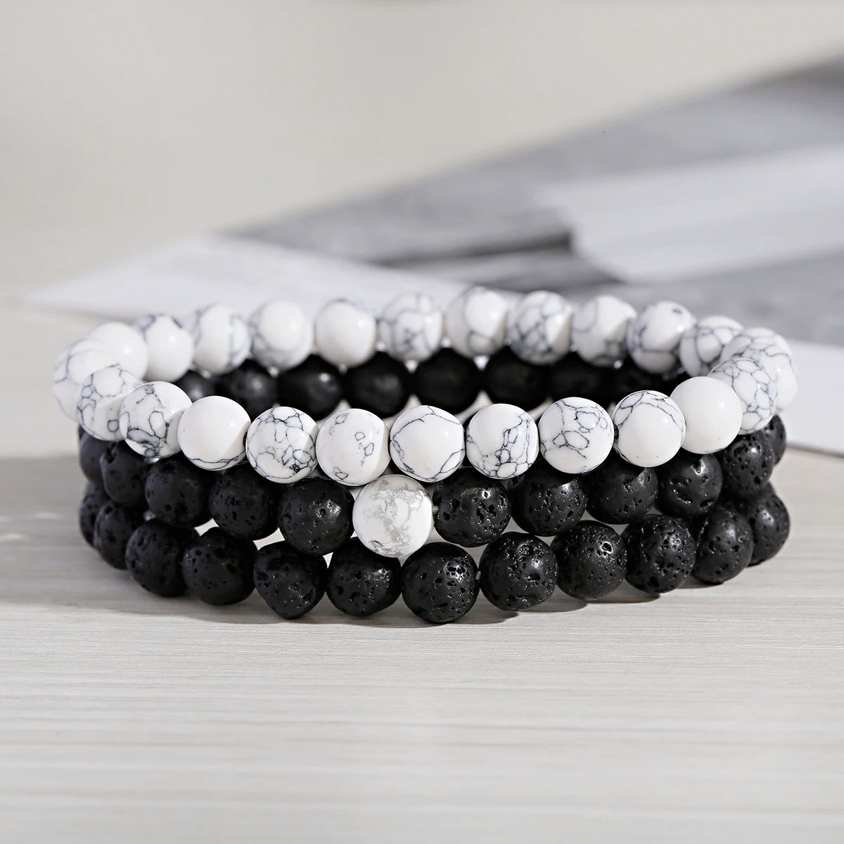 3Pcs Natural Stone Yin Yang Elastic 8mm Lava Stone Howlite Oil Diffuser Bracelets Women Men Couple Friendship Gift