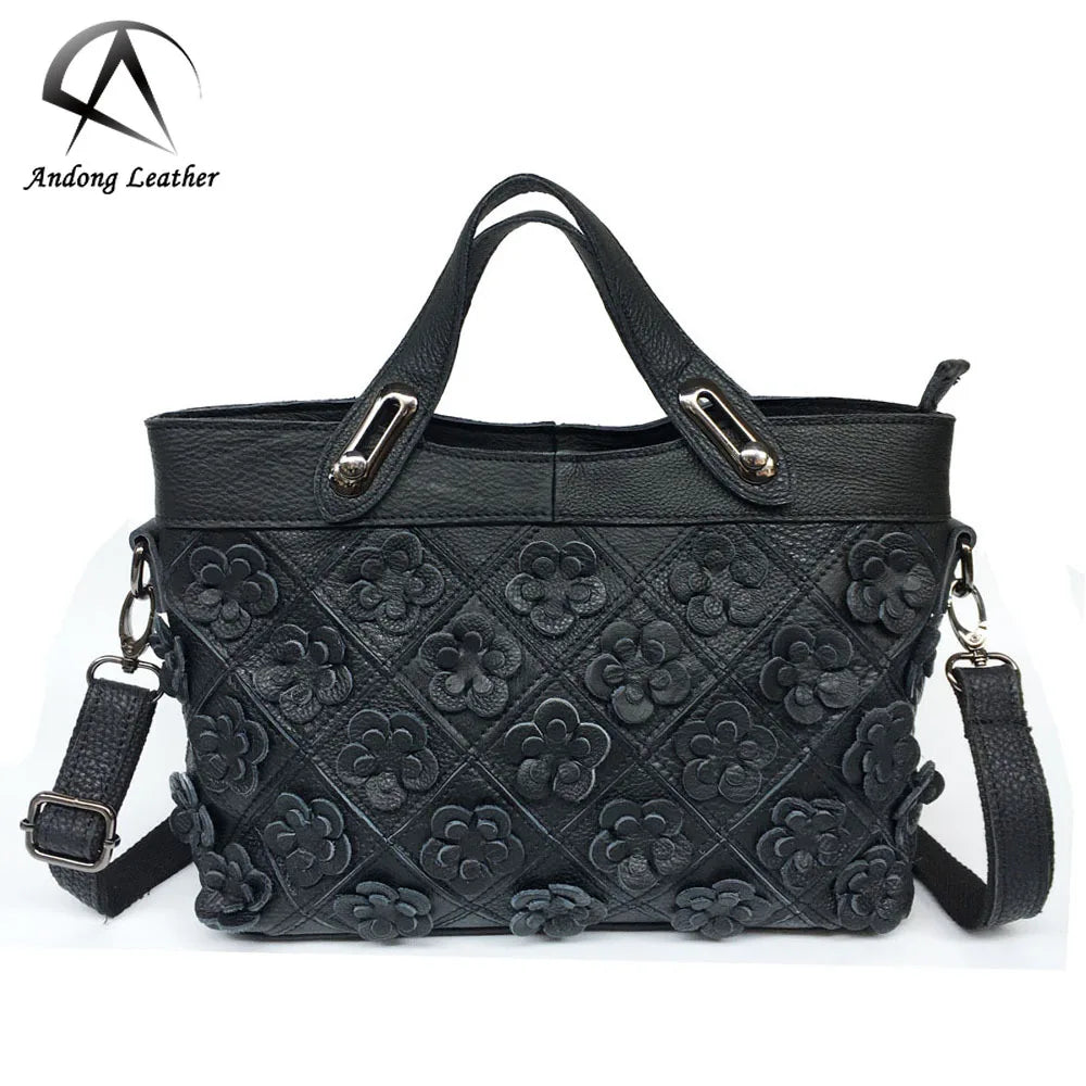 Andong Leather Genuine Cowhide for Ladies Lingge Hand Messenger Bag Fashion Flower Shoulder Crossbody Bag