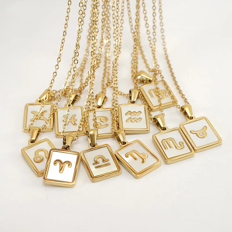 Zodiac Stainless Steel Pendant Genuine Shell 12 Zodiac Necklace 18K Gold Plated White Natural Shell Jewelry