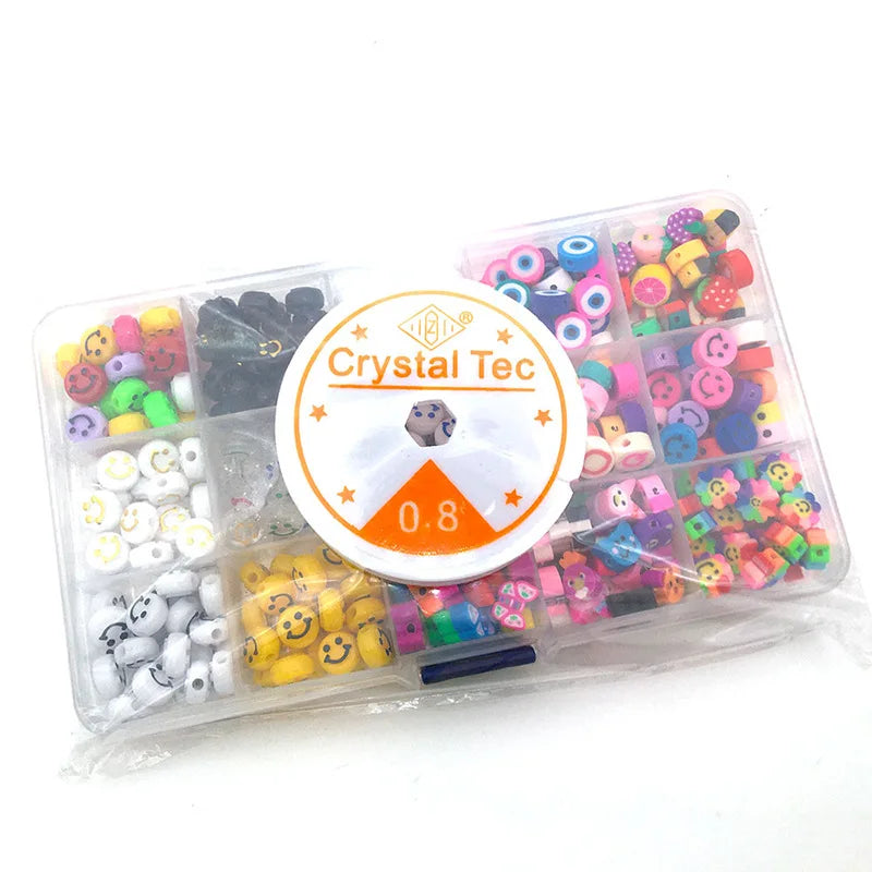15 Girds DIY Making Flat Round Spacer Beads Pendant Charms Kit Roll Elastic String Polymer Clay  Smiling Face Preppy Beads