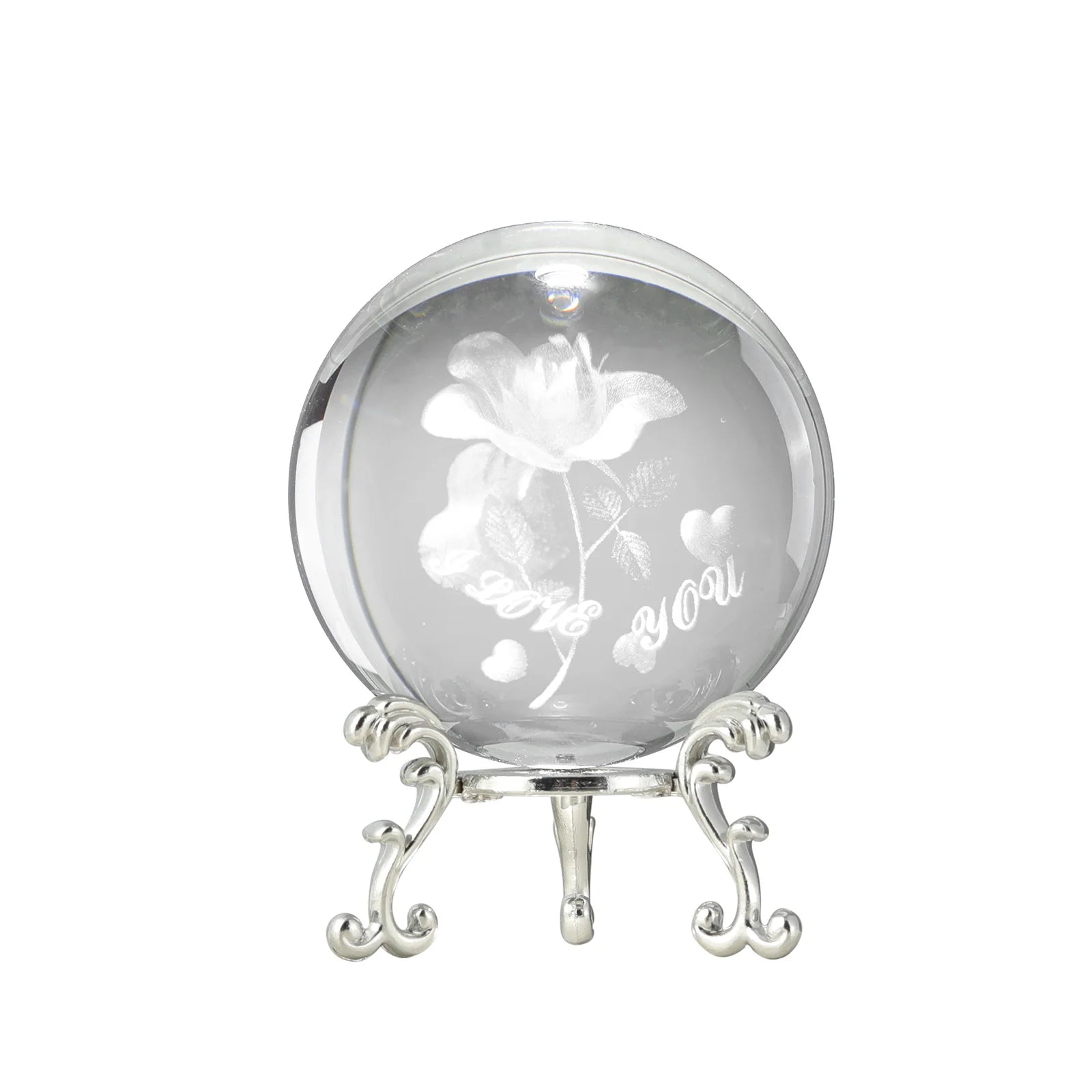60mm Crystal Ball Rose Glass Sphere with Sliver Base Paperweight Love You Gift for Valentine's Day