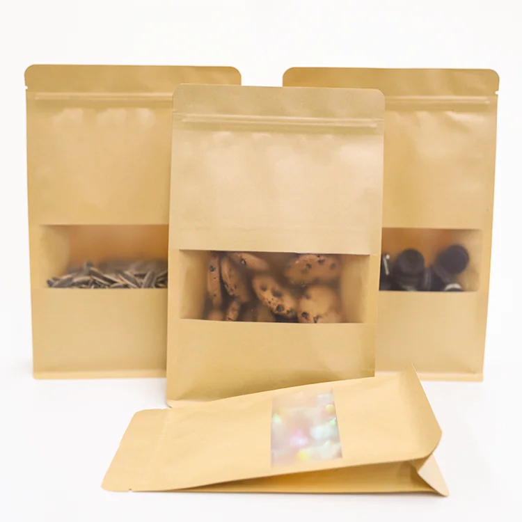 Customized Eco-Friendly Biodegradable Brown Kraft Paper Dry Food Packaging Translucent Window Stand Pouches Lamination Printing