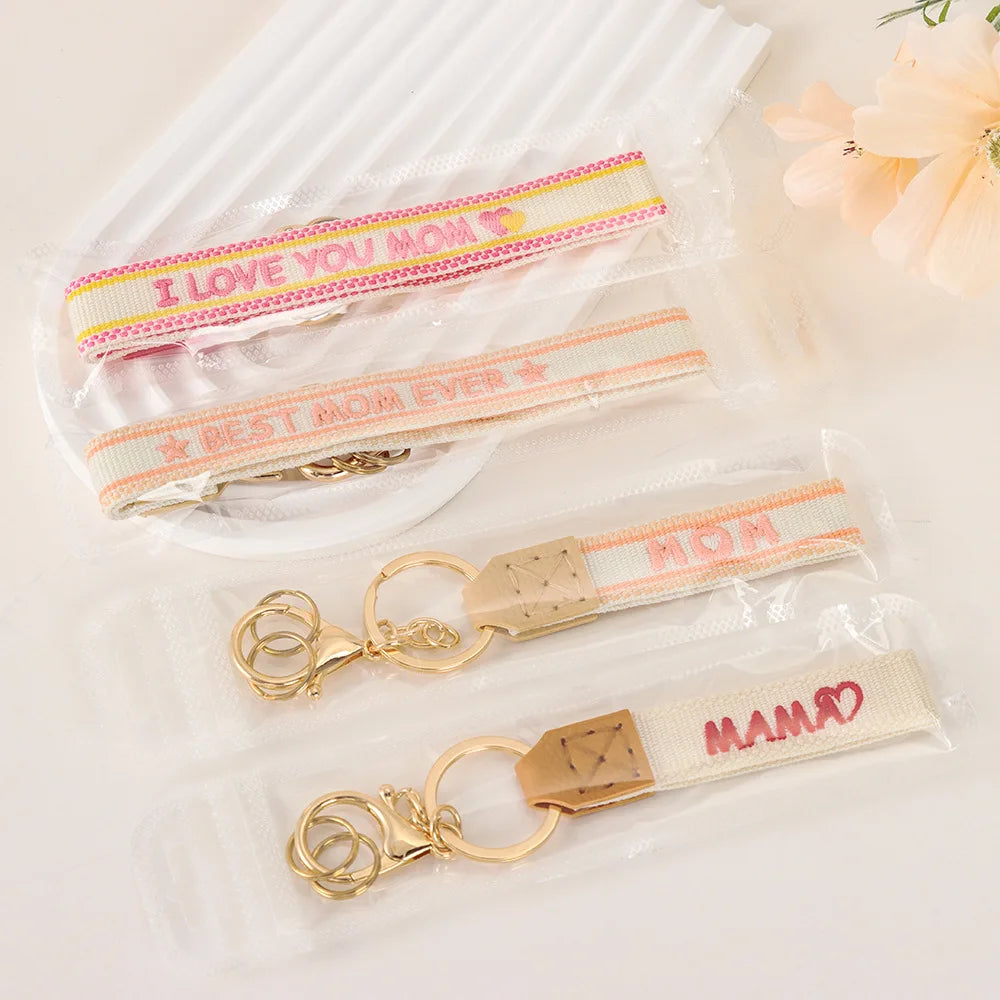 Mother Day Gift Woven Keychain Pendant Buckle Embroidered Letter Mom Strap Key Chain Fashion Bag Mobile Phone Charm Accessories