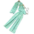 One Size Autumn Women's Small Sling Vest Printed Long-sleeved Shirt Top High Waist Wide Leg Trousers Three-piece Set