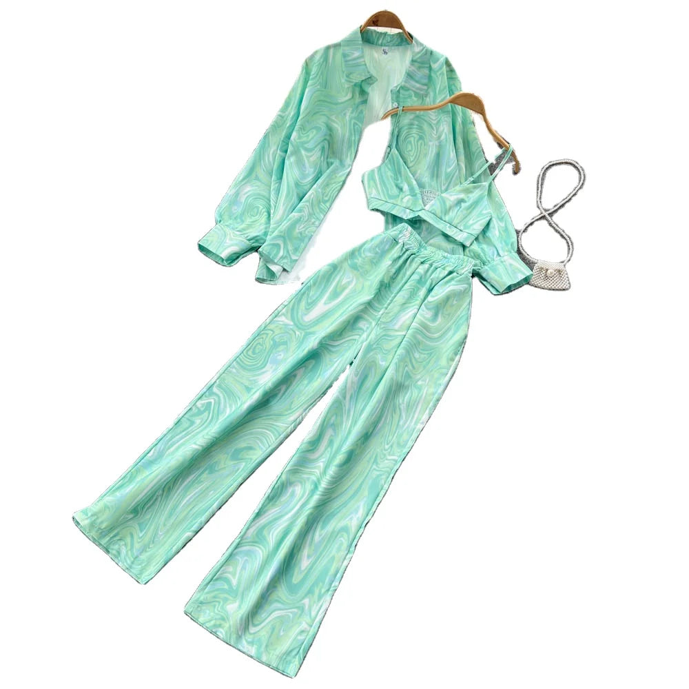 One Size Autumn Women's Small Sling Vest Printed Long-sleeved Shirt Top High Waist Wide Leg Trousers Three-piece Set