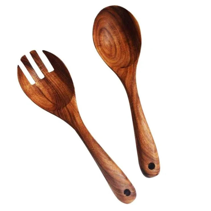 Acacia Wood Eco-Friendly Creative Salad Mixing Dinner Fork Long Handle Serving Spoon Set Weddings Special Occasions Personal Use