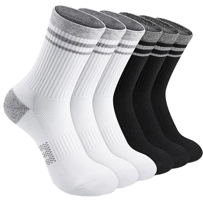 Unisex Black White Cotton Spandex Stripe Cushioned Training Crew Athletic Socks Custom Logo for Men Women