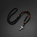 Euro-american Wood Beads Matte Black Agate Cross Necklace Jesus Pendant Necklace