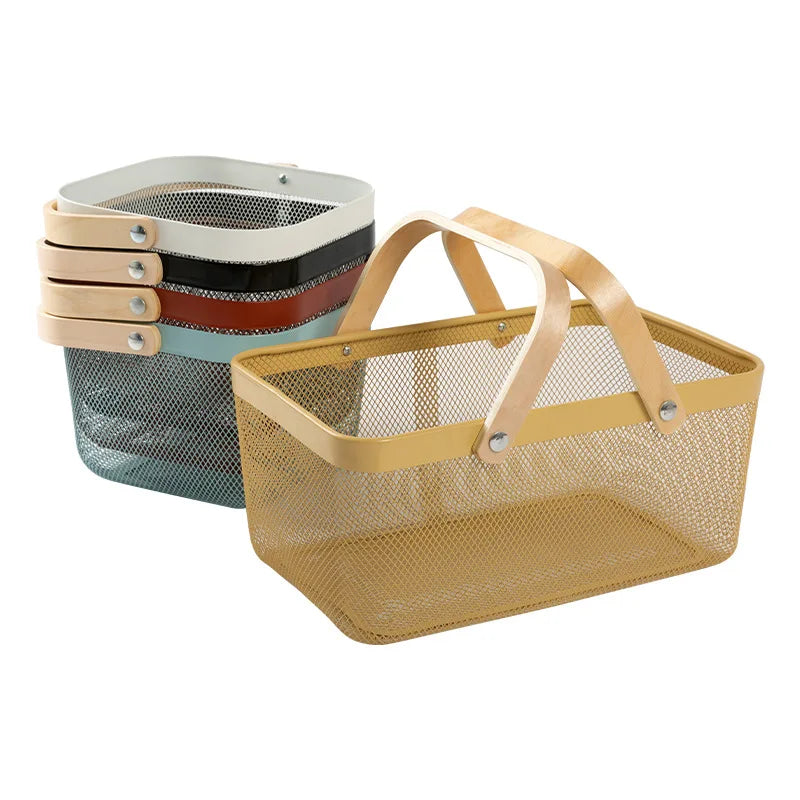Kitchen Bath Toy Organizermetal Metal Wire Mesh Fruit Storage Basket With Wooden Handle