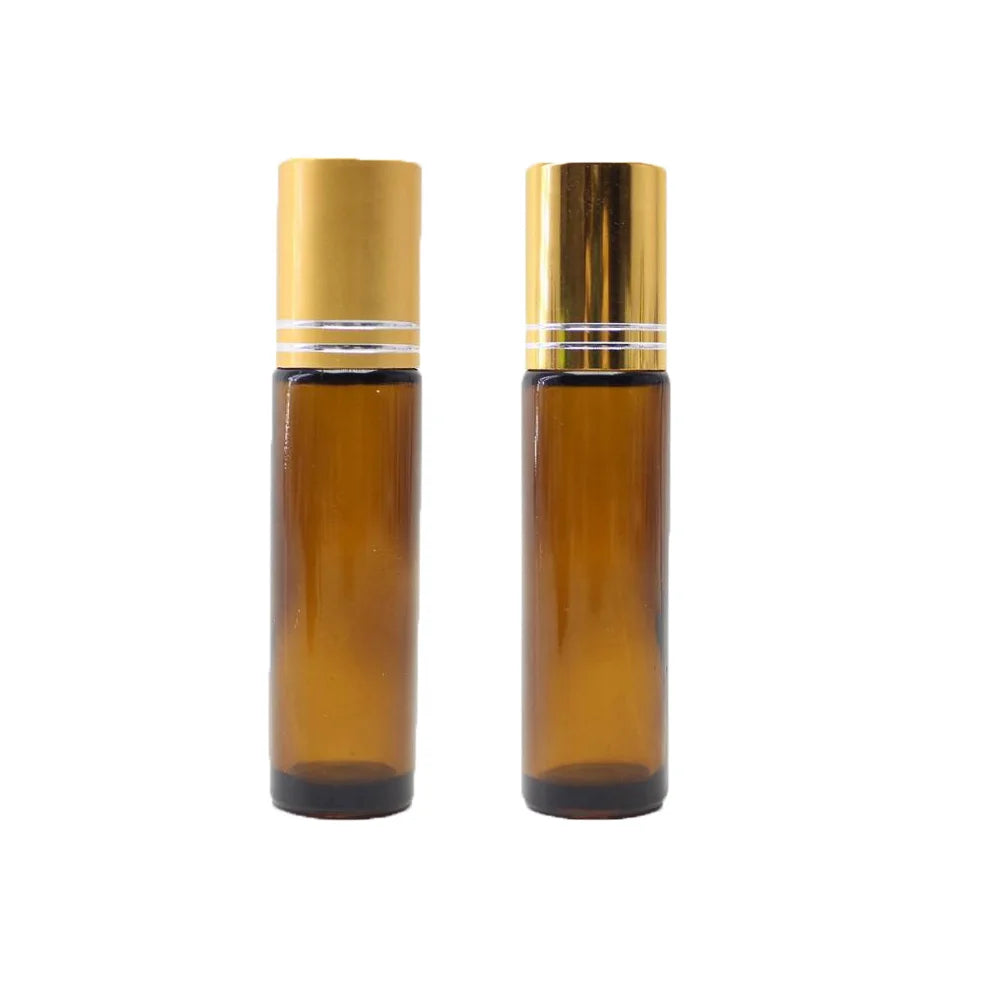 Custom 10ml Amber Essential Oil Perfume Roll on Glass Bottle with Roller for and Gold Cap Screen Printed
