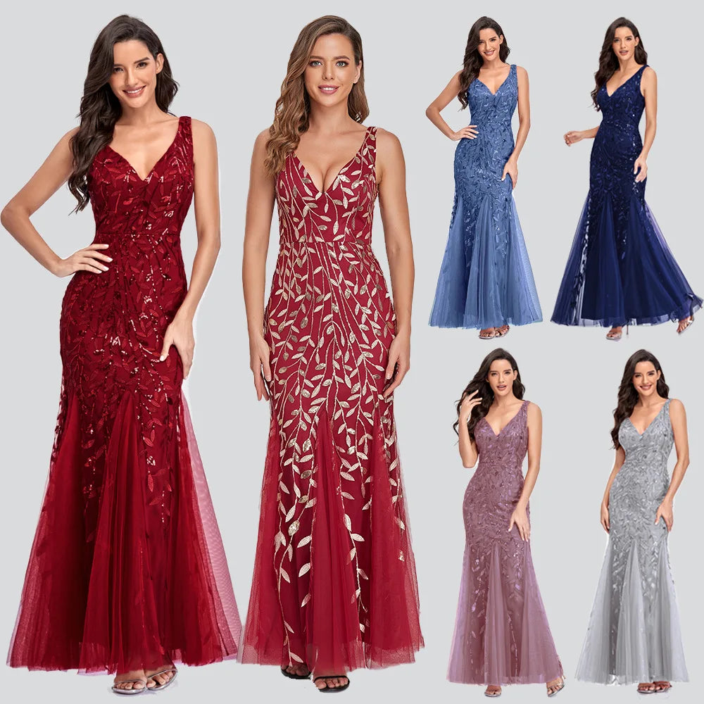 New 2025 Dress Sexy Long Sleeveless V-neck Embroidered Beaded Slim Fit Fishtail Dress Bridesmaid Evening Dress