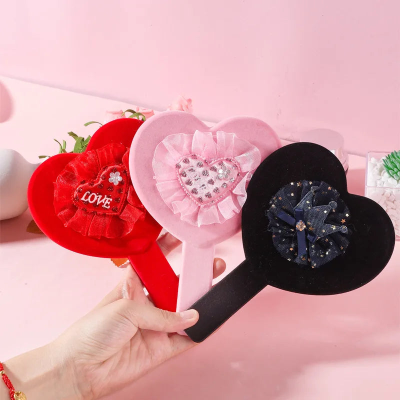 Flock Handle Single Side Plastic Small Handheld Square Heart OEM Cosmetic Makeup Bling Hand Mirrors for Women Girl Lady