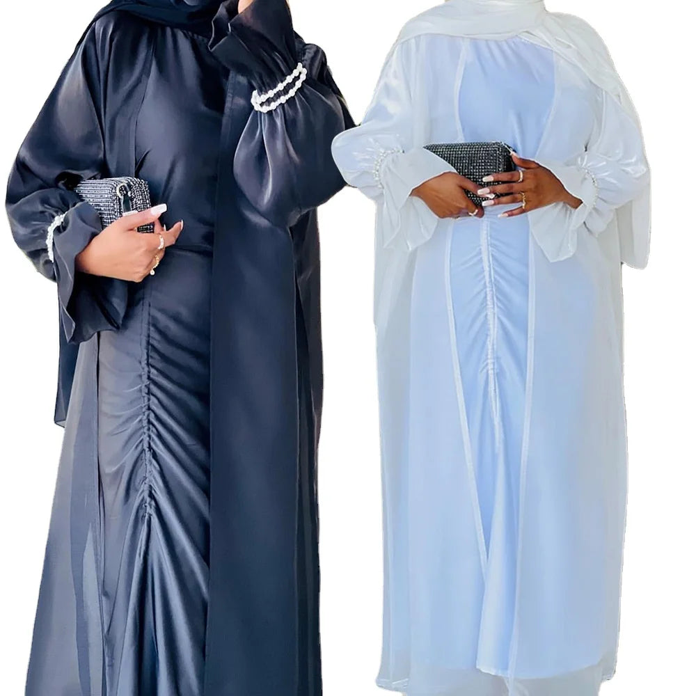 2022 New Modern Beaded Flare Sleeve Front Open Abaya Kimono Dubai Turkey Kaftan Cardigan Dress for Women Traditional Muslim