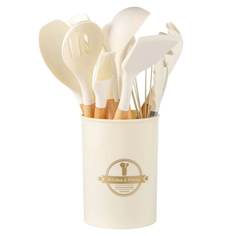 12Pcs Heat Resistant Silicone Cooking Utensils Set Wooden Handle BPA Free Non Stick Dishwasher Safe Eco-Friendly Ladles Holder