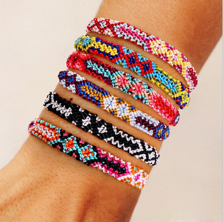 Summer Bohemian Ethnic Style Rainbow Colorful Woven Cotton Rope Wide Adjustable Bracelets Set for Women Men