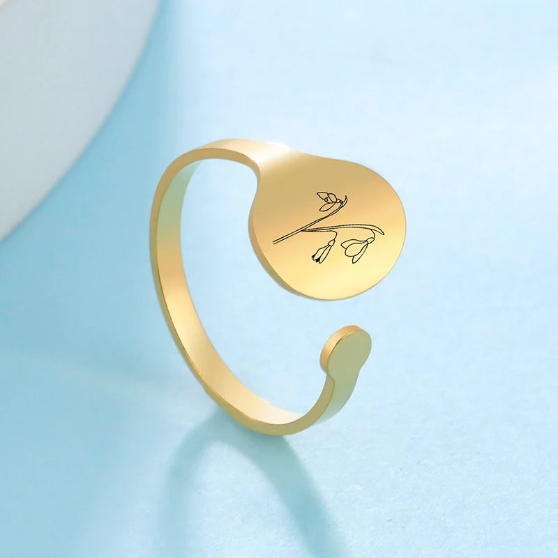 Fashion Women Birth Month Stainless Steel Ring Real Gold Plated Flower Ring Jewelry Gifts for Women