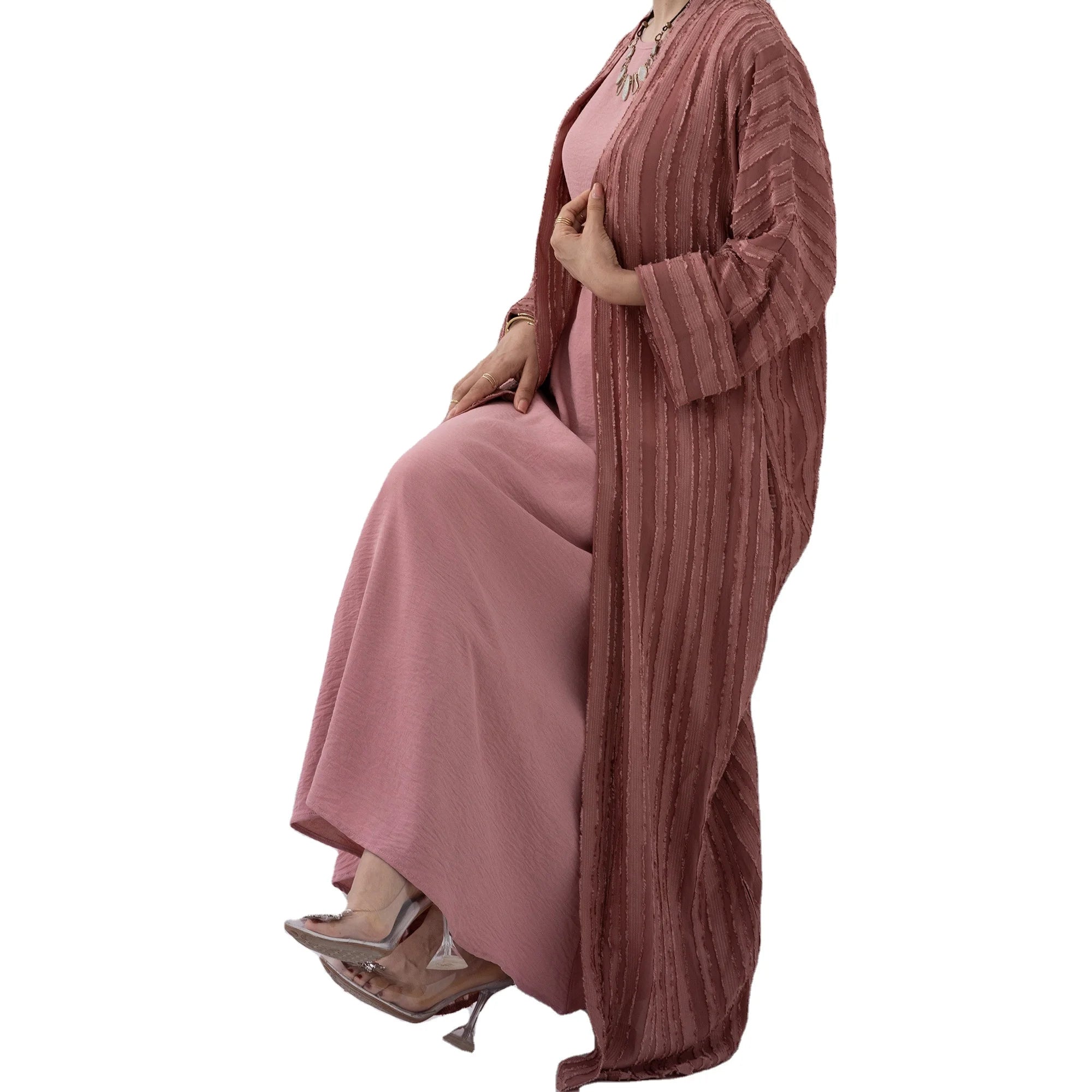 Elegant Arabic Fashion Long Evening Dresses for Adults Muslim Women's Kimono Cardigan Islamic Eid Striped Open Abaya Elegant