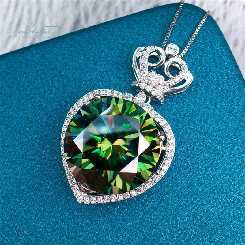 Silver 925 Original 13 Carat Diamond Test Past Brilliant Cut Green Moissanite Heart Pendant Necklace for Women Gift Fine Jewelry